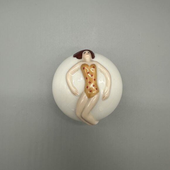 Vintage 1970s Porcelain Paperweight Lady Sunbather Swimsuit Round White - Picture 1 of 7